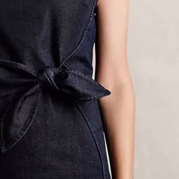 Anthropologie Ribboned Denim Dress Navy Blue Sheath Sleeveless with Waist Tie - Picture 4 of 8